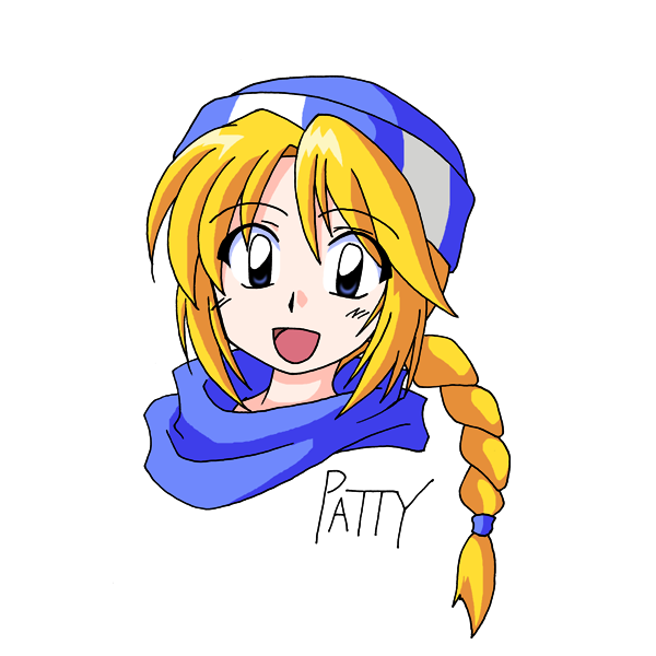 bad_id, blonde_hair, blue_eyes, braid, character_name, fire_emblem, fire_emblem:_seisen_no_keifu, hat, horus_(artist), open_mouth, patty_(fire_emblem), ponytail, scarf, smile, solo