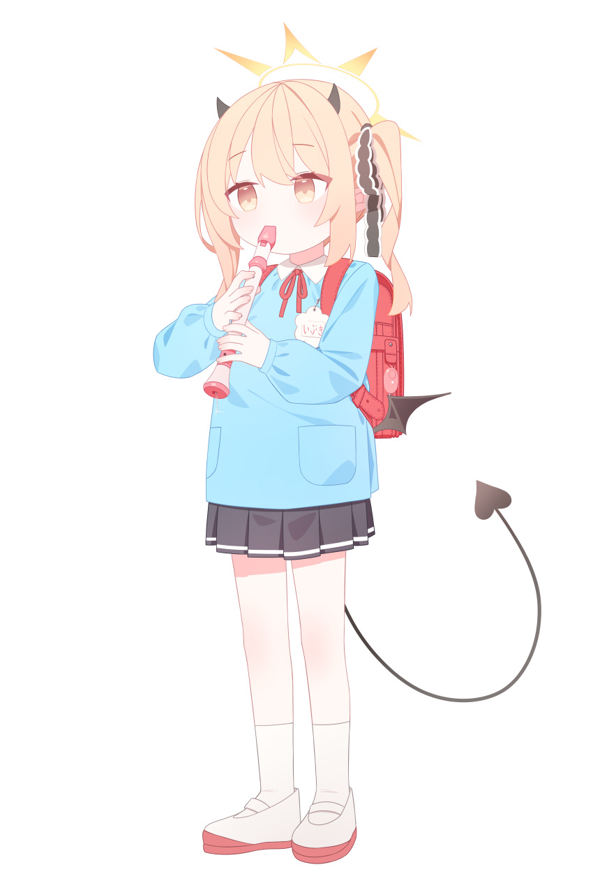 1girl, absurdres, aimpoleume, backpack, bag, black_skirt, blue_archive, blue_shirt