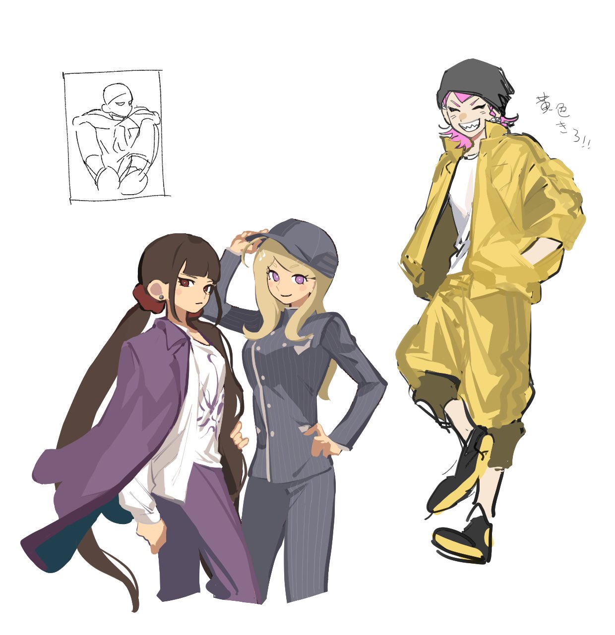 1boy, 2girls, akamatsu_kaede, black_hat, black_jacket, black_pants, braid, breasts