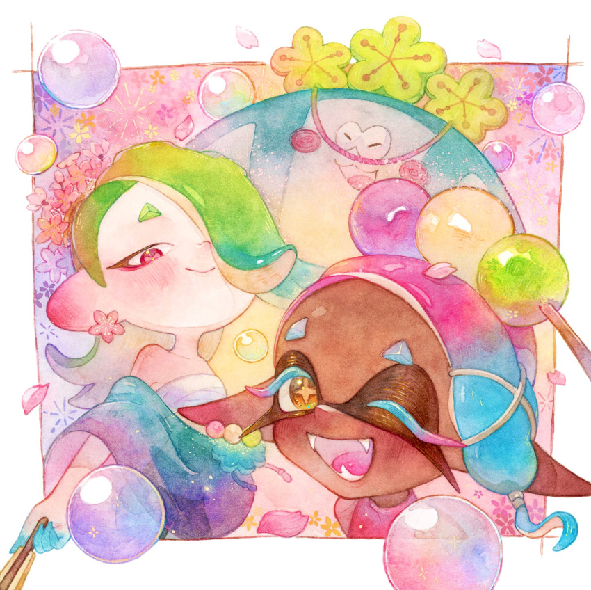 1boy, 2girls, ;d, asymmetrical_hair, bare_shoulders, big_man_(splatoon), black_pants, blue_hair