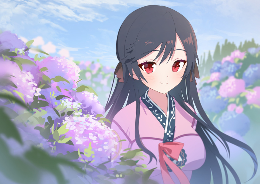 1girl, absurdres, black_hair, blue_sky, blurry, blurry_foreground, boku_no_kanojo_wa_ningyohime!?, breasts