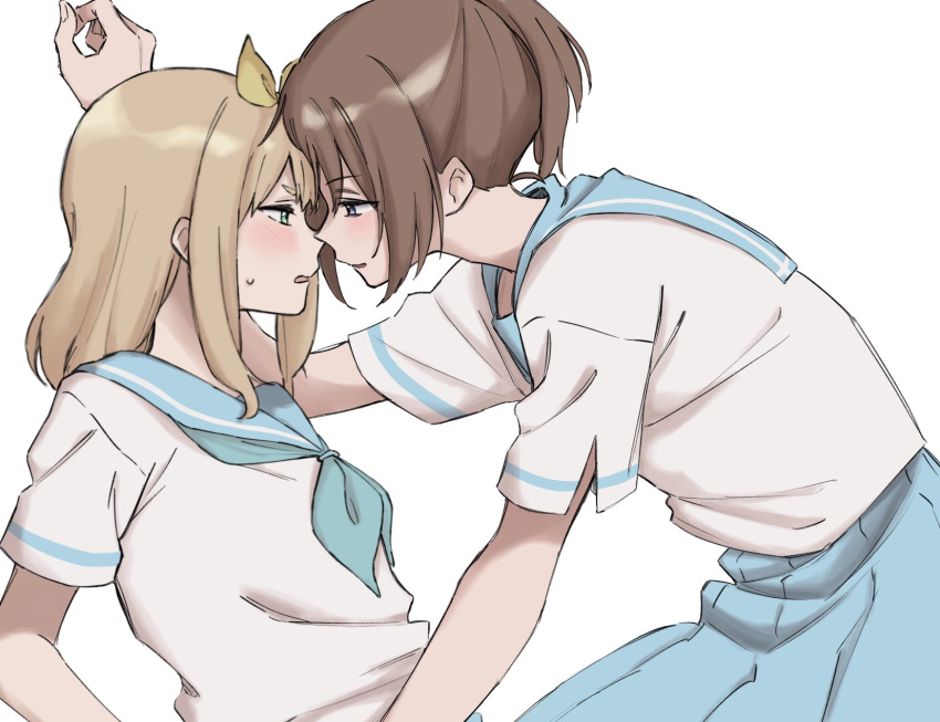 2girls, blue_eyes, blue_sailor_collar, blue_skirt, blush, brown_hair, commentary, eye_contact