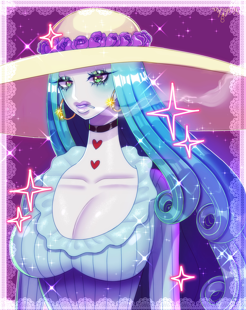 1girl, black_choker, blue_dress, blue_hair, breasts, charlotte_amande, choker, cigarette