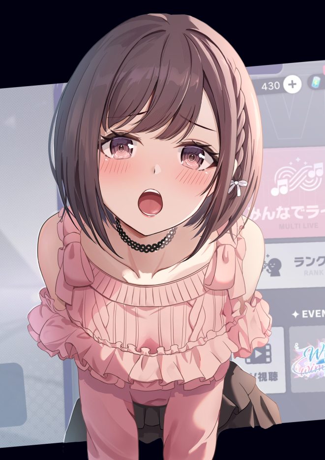 1girl, bare_shoulders, black_choker, black_skirt, blush, braid, brown_eyes, brown_hair