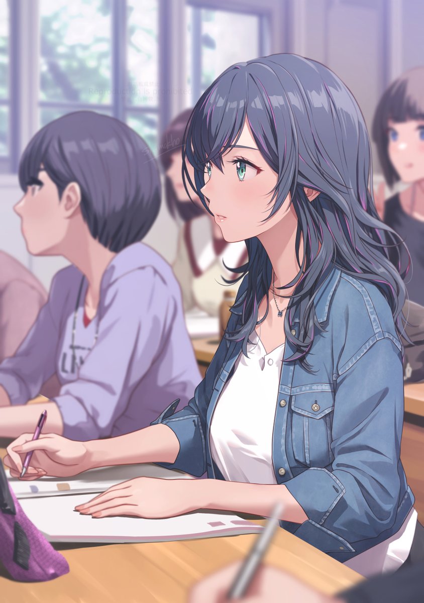 1girl, aqua_eyes, bag, blue_hair, blurry, blurry_background, book, classroom