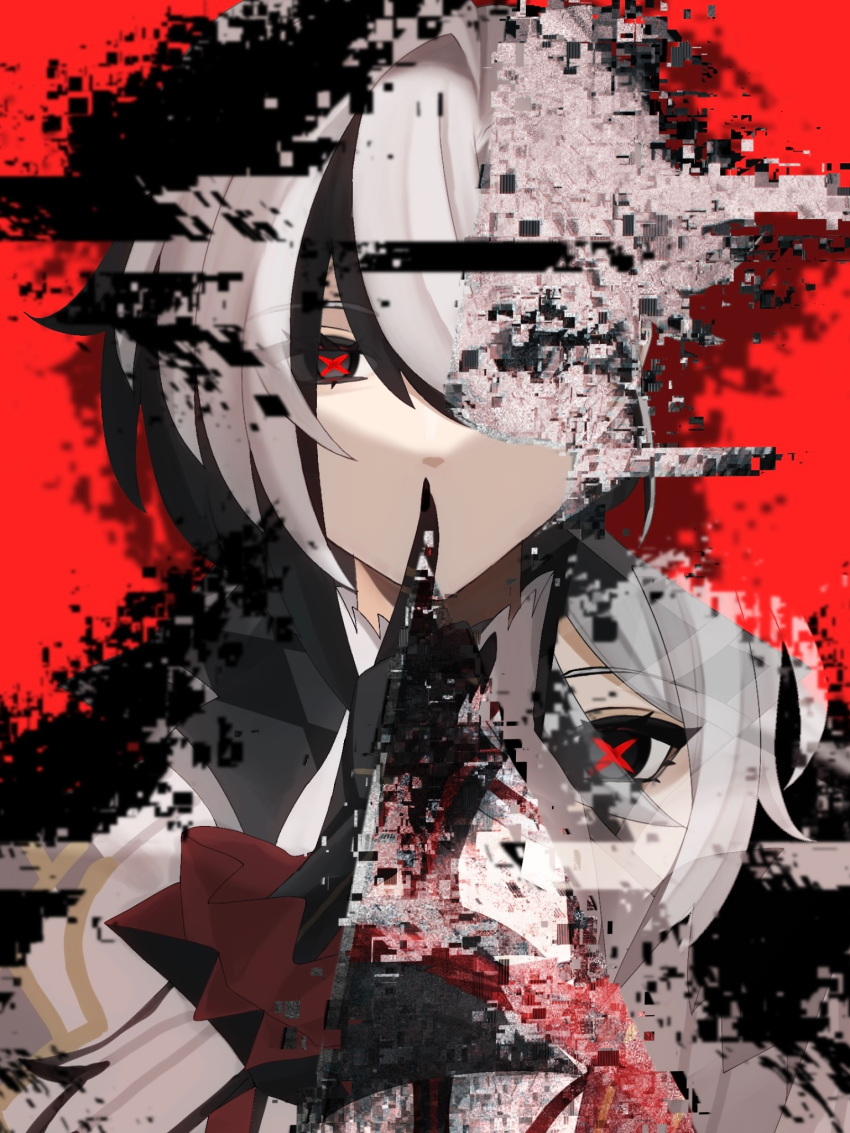 1girl, arlecchino_(genshin_impact), black_eyes, black_hands, coat, fune_saan, fur-trimmed_coat, fur_trim, genshin_impact, glitch, highres, medium_hair, multicolored_hair, red_background, streaked_hair, symbol-shaped_pupils, white_hair, x-shaped_pupils, x_x