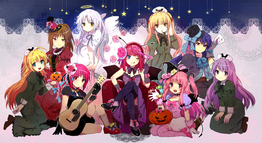 :p, acoustic_guitar, angel, angel_beats!, angel_wings, aureola, bad_id, bat_wings, blush, bowtie, brown_hair, card, cards, flower, guitar, hair_ornament, halloween, halo, hat, headset, highres, hisako_(angel_beats!), holding, holding_card, instrument, irie_(angel_beats!), iwasawa, jewelry, kneeling, maid_headdress, microphone, multiple_girls, necklace, pink_hair, pumpkin, purple_hair, sekine, shiina, shiina_(angel_beats!), shiori, silver_hair, smile, star, tachibana_kanade, tachibana_kanade, thighhighs, tomako, tongue, twintails, wings, yui_(angel_beats!), yuri_(angel_beats!), yusa, yusa_(angel_beats!)