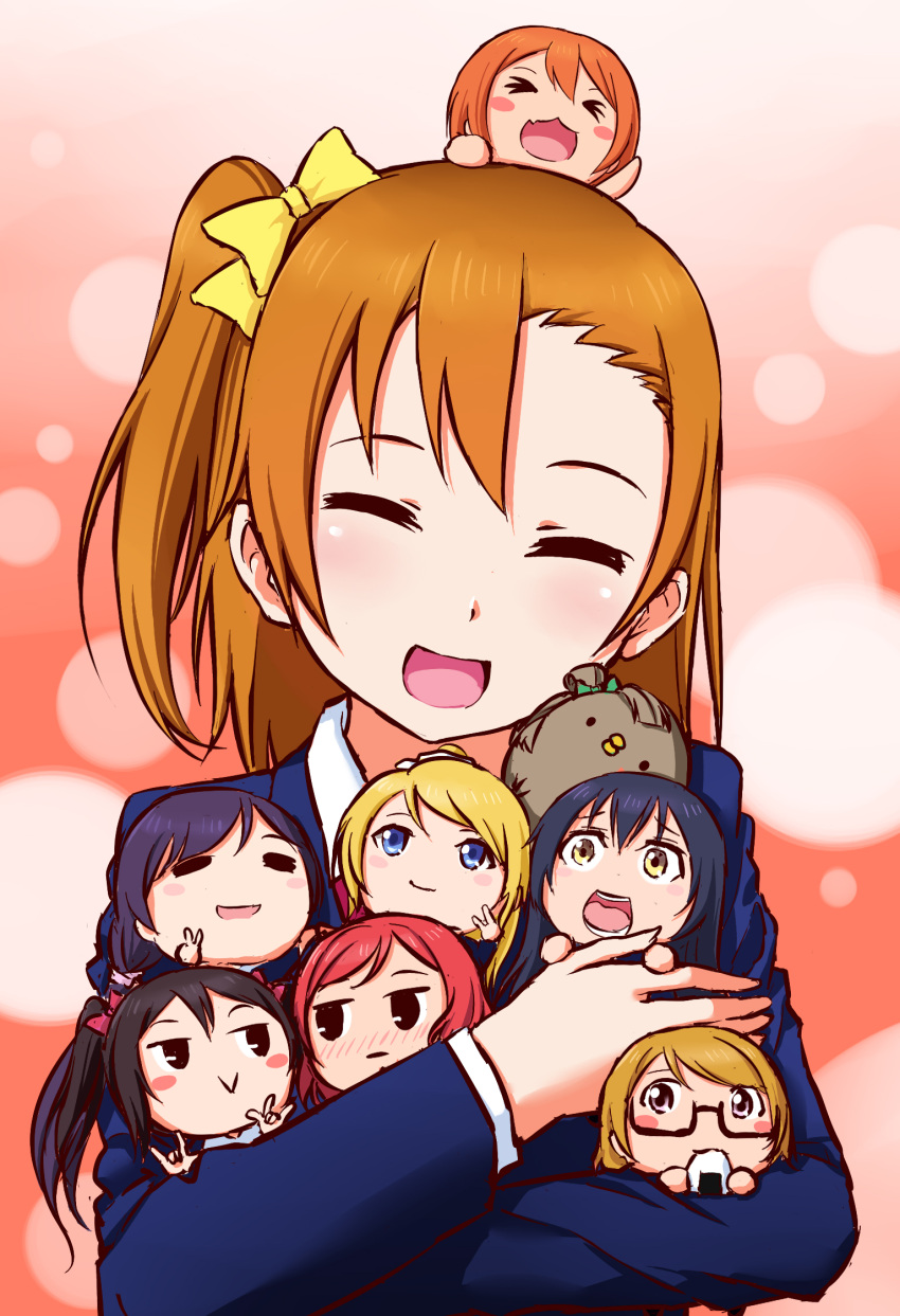 >_<, 6+girls, :>, :3, :d, \m/, ayase_eli, bibi_(love_live!), bird, black_hair, blazer, blonde_hair, blue_eyes, blue_hair, blue_jacket, blurry, blush, blush_stickers, bokeh, bow, brown_hair, chibi, chibi_on_head, closed_eyes, collared_shirt, commentary_request, depth_of_field, dot_nose, double_\m/, eating, facing_viewer, fang, food, glasses, gradient_background, green_bow, hair_between_eyes, hair_bow, head_tilt, high_side_ponytail, highres, holding_chibi, hoshizora_rin, jacket, jitome, koizumi_hanayo, kosaka_honoka, lily_white_(love_live!), long_hair, long_sleeves, looking_at_another, looking_at_viewer, love_live!, love_live!_school_idol_project, medium_hair, minami_kotori_(bird), multiple_girls, nishikino_maki, nose_blush, on_head, onigiri, open_mouth, orange_hair, otonokizaka_school_uniform, person_on_head, pink_background, pink_bow, ponytail, printemps_(love_live!), purple_hair, raised_eyebrows, redhead, school_uniform, shirt, short_hair, skin_fang, smile, smirk, sonoda_umi, swept_bangs, teeth, thick_eyelashes, tojo_nozomi, ttc, twintails, upper_body, v, v-shaped_eyebrows, violet_eyes, white_background, white_shirt, yazawa_nico, yellow_bow, yellow_eyes