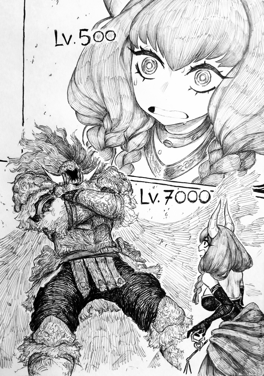 1boy, 1girl, absurdres, armor, aura_(sousou_no_frieren), aura_bullying_(meme), braid, cape