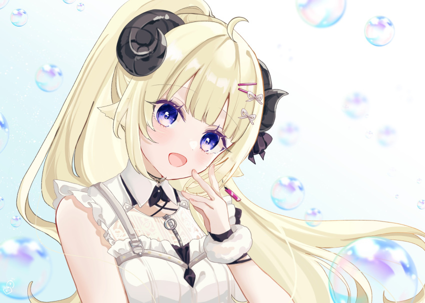 1girl, :d, ahoge, animal_ears, bare_shoulders, black_choker, blonde_hair, blush