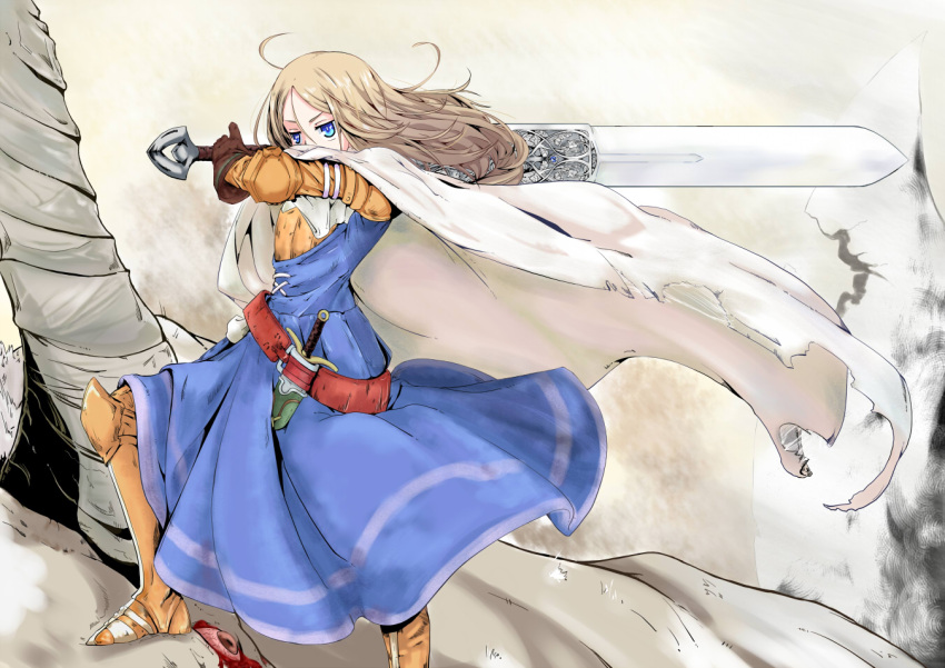armored_dress, belt, blonde_hair, blood, blue_eyes, boots, cape, dagger, final_fantasy, final_fantasy_tactics, gauntlets, gloves, huge_weapon, iwamasama, knight_(fft), long_hair, sword, weapon