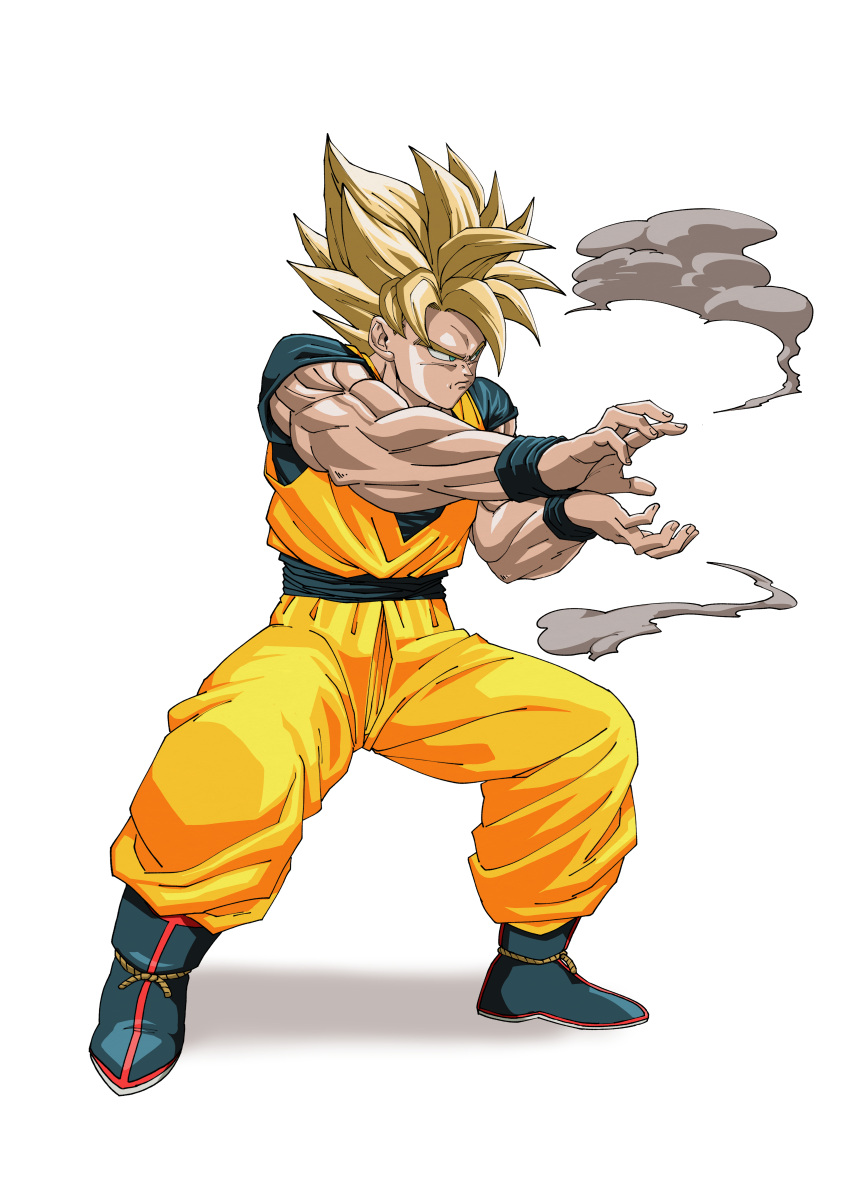 1boy, absurdres, blonde_hair, dougi, dragon_ball, dragon_ball_z, failure, frown
