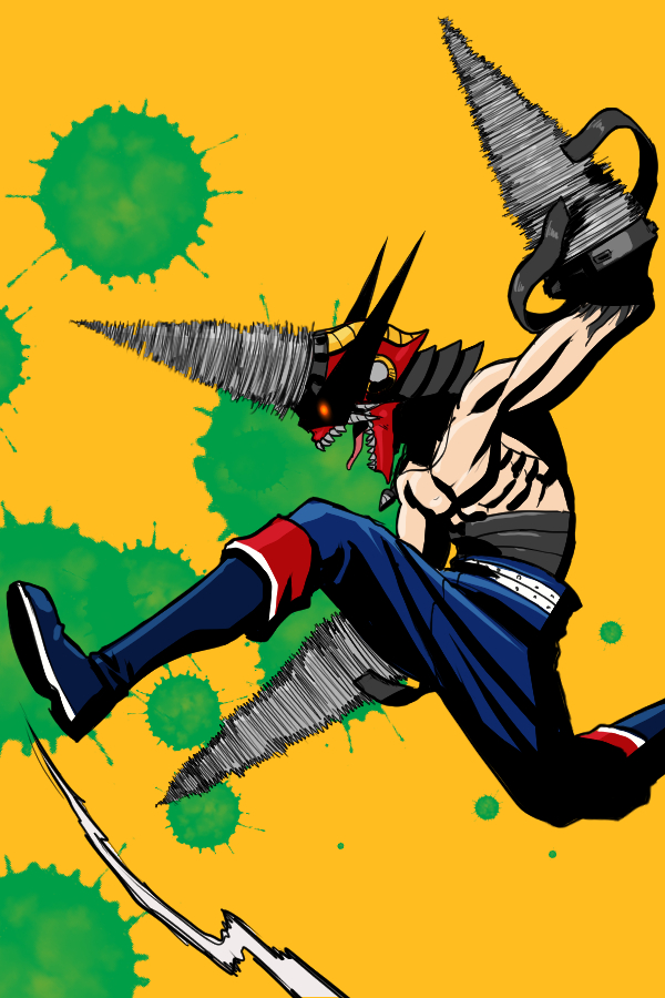 blue_pants, chainsaw_man, cosplay, denji_(chainsaw_man), denji_(chainsaw_man)_(cosplay), drill, glowing, glowing_eyes