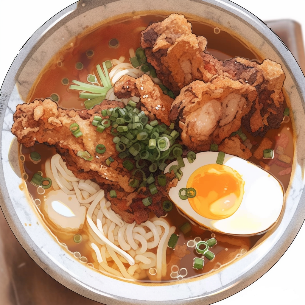 bowl, chicken_(food), egg_(food), food, food_focus, fried_chicken, no_humans, noodles