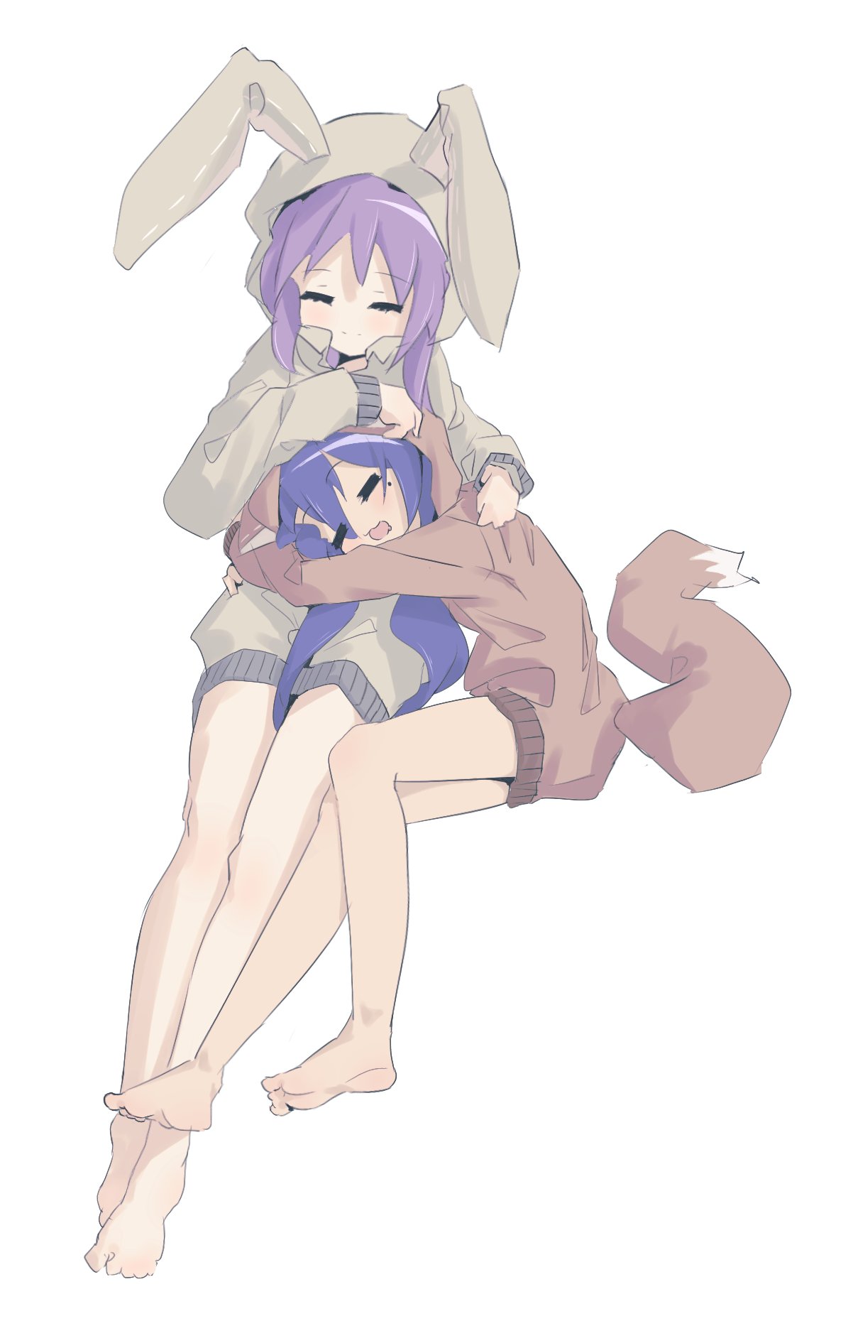 2girls, ap04astral, barefoot, blue_hair, closed_eyes, fox_tail, happy, highres