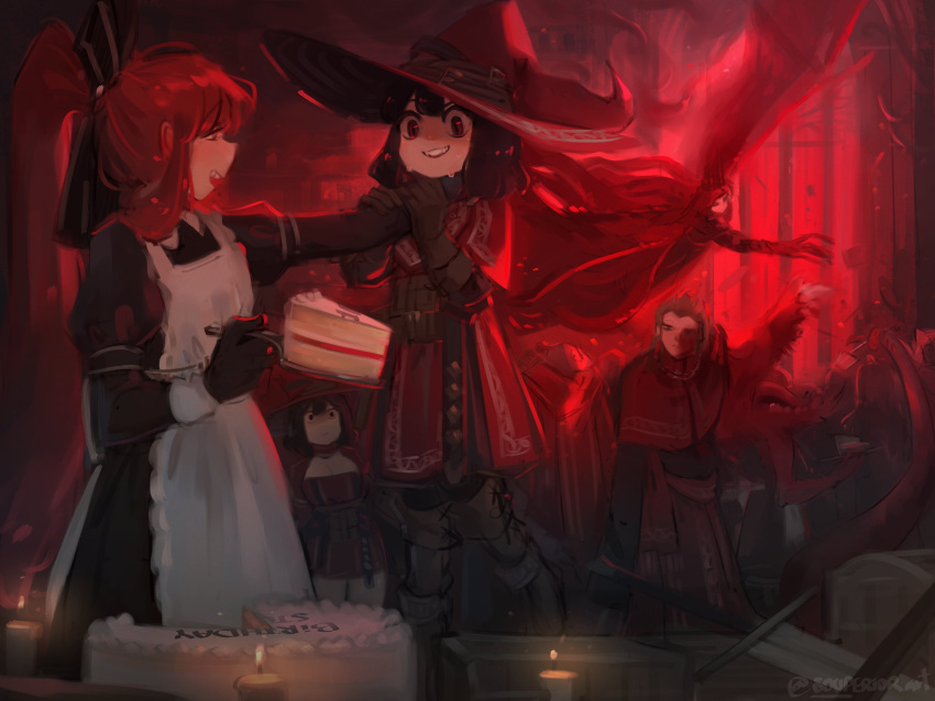 1boy, 3girls, apron, birthday_cake, black_gloves, black_hair, boots, brown_gloves