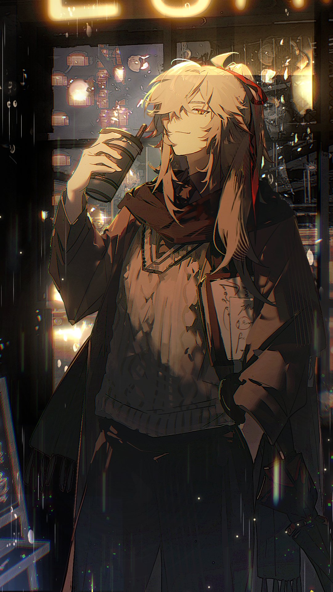 1boy, alternate_costume, closed_mouth, cup, grey_hair, hair_over_one_eye, hair_ribbon, hand_in_pocket