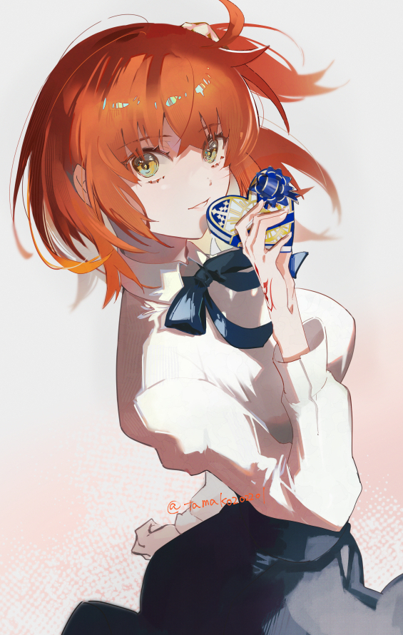 1girl, ahoge, blue_skirt, box, candy, chaldea_logo, chocolate, command_spell