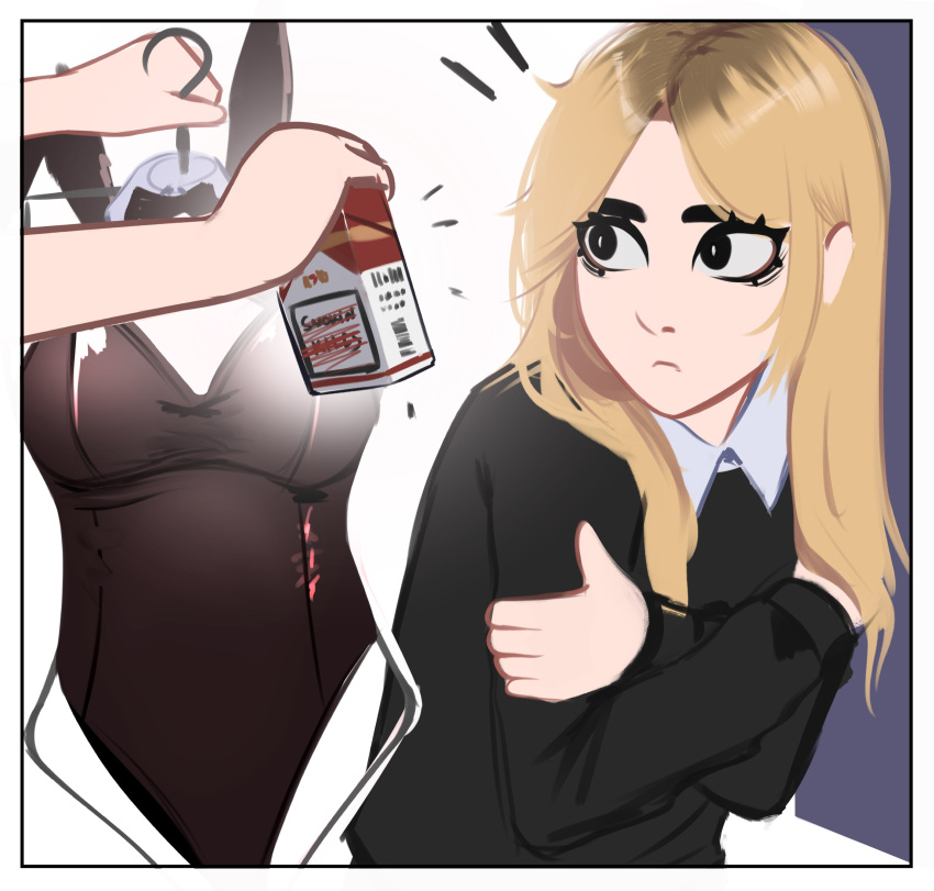1girl, 1other, absurdres, animal_ears, black_eyes, black_sweater, blonde_hair, cigarette_pack