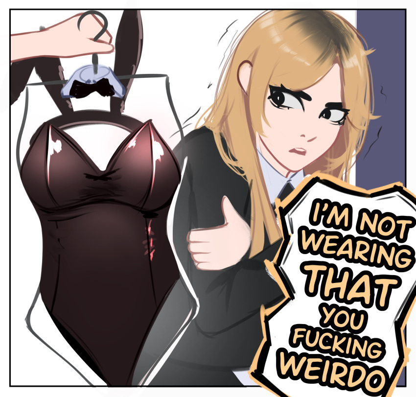 1girl, 1other, absurdres, animal_ears, black_eyes, black_sweater, blonde_hair, clothes_hanger