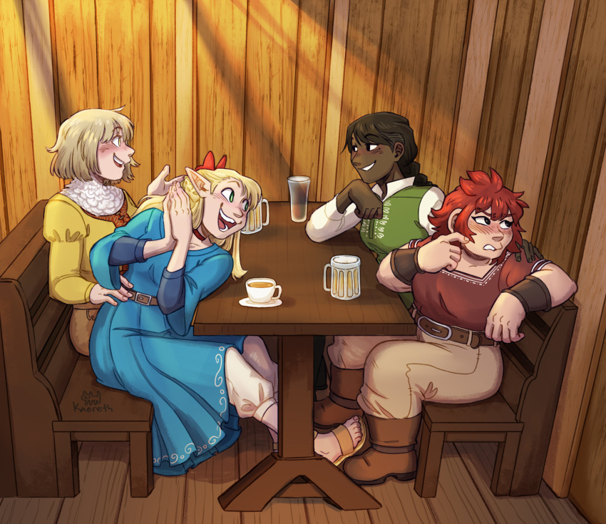 4girls, :d, artist_name, belt, blonde_hair, blue_dress, blush, bow