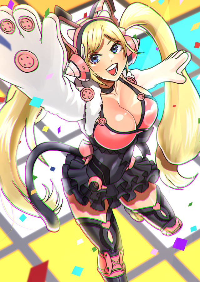 1girl, akisu_k, blonde_hair, blue_eyes, cleavage, clothed, dance_floor, lucky_chloe, medium_breasts, namco, solo, tekken, tekken_8, twintails