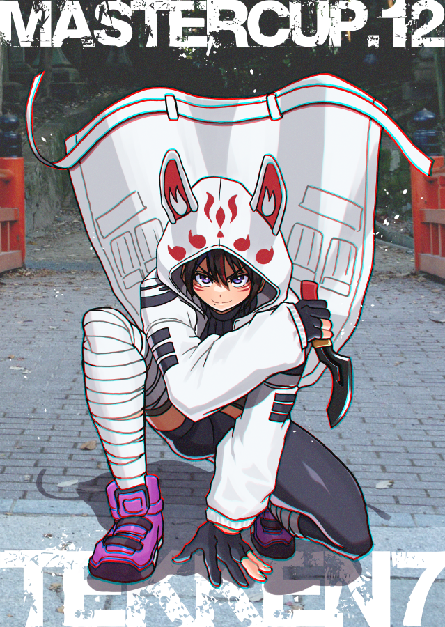 1girl, akisu_k, black_hair, clothed, colored_tips, hoodie, kitsune_marks, kunimitsu_ii