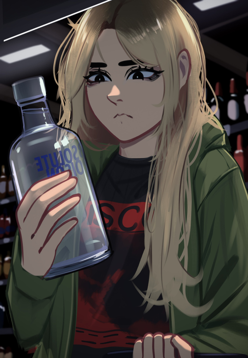 1girl, absolut_vodka, absurdres, alcohol, black_eyes, black_sweater, blonde_hair, bottle