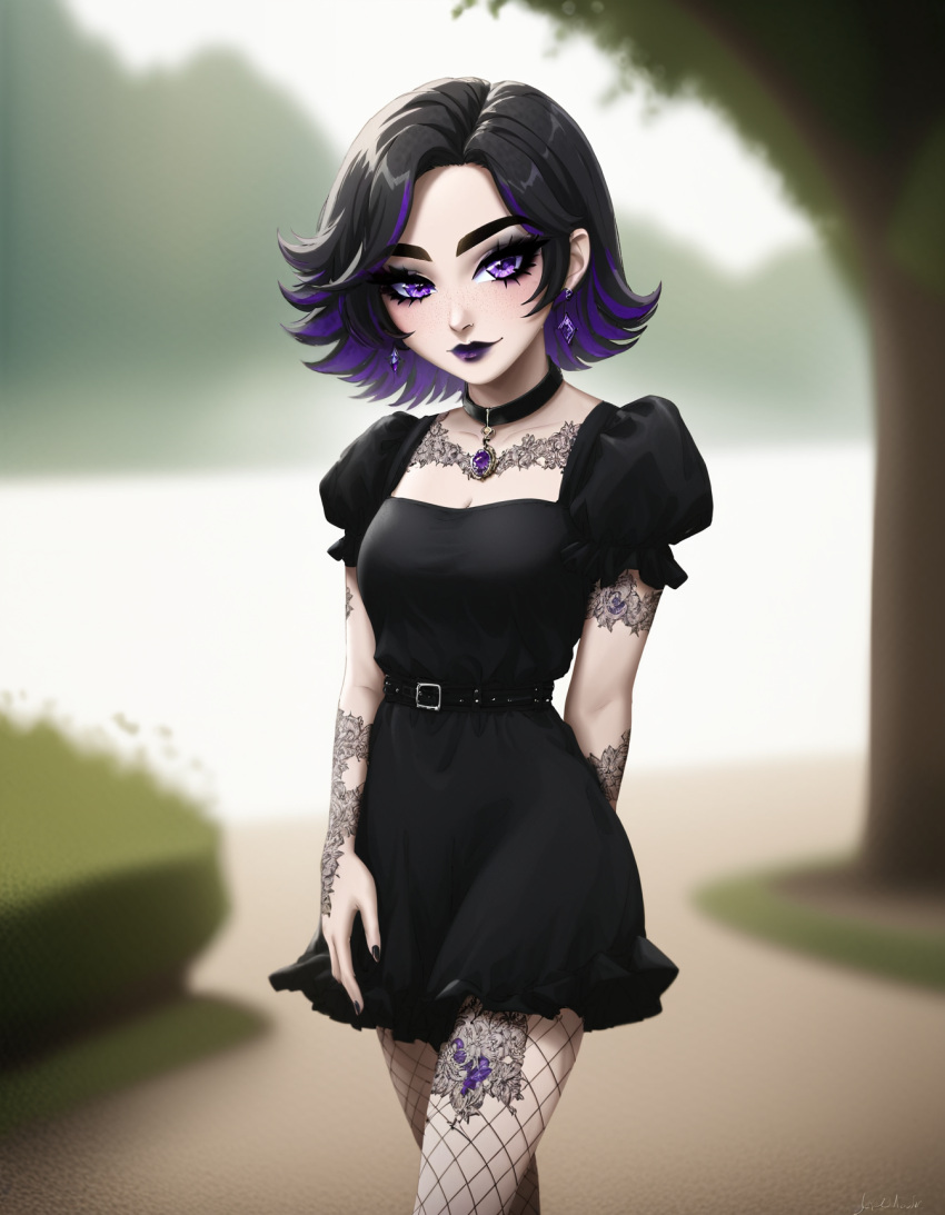 1girl, ai-generated, alt-girl_for_skuf, black_choker, black_dress, black_lips, breasts, choker, dress, earrings, fishnet_pantyhose, fishnets, hand_tattoo, highres, jewelry, ksyusha_(alt-girl_for_skuf), leg_tattoo, looking_at_viewer, medium_breasts, medium_hair, multicolored_hair, pantyhose, piercing, purple_hair, purple_lips, shoes, solo, tattoo, two-tone_hair, violet_eyes