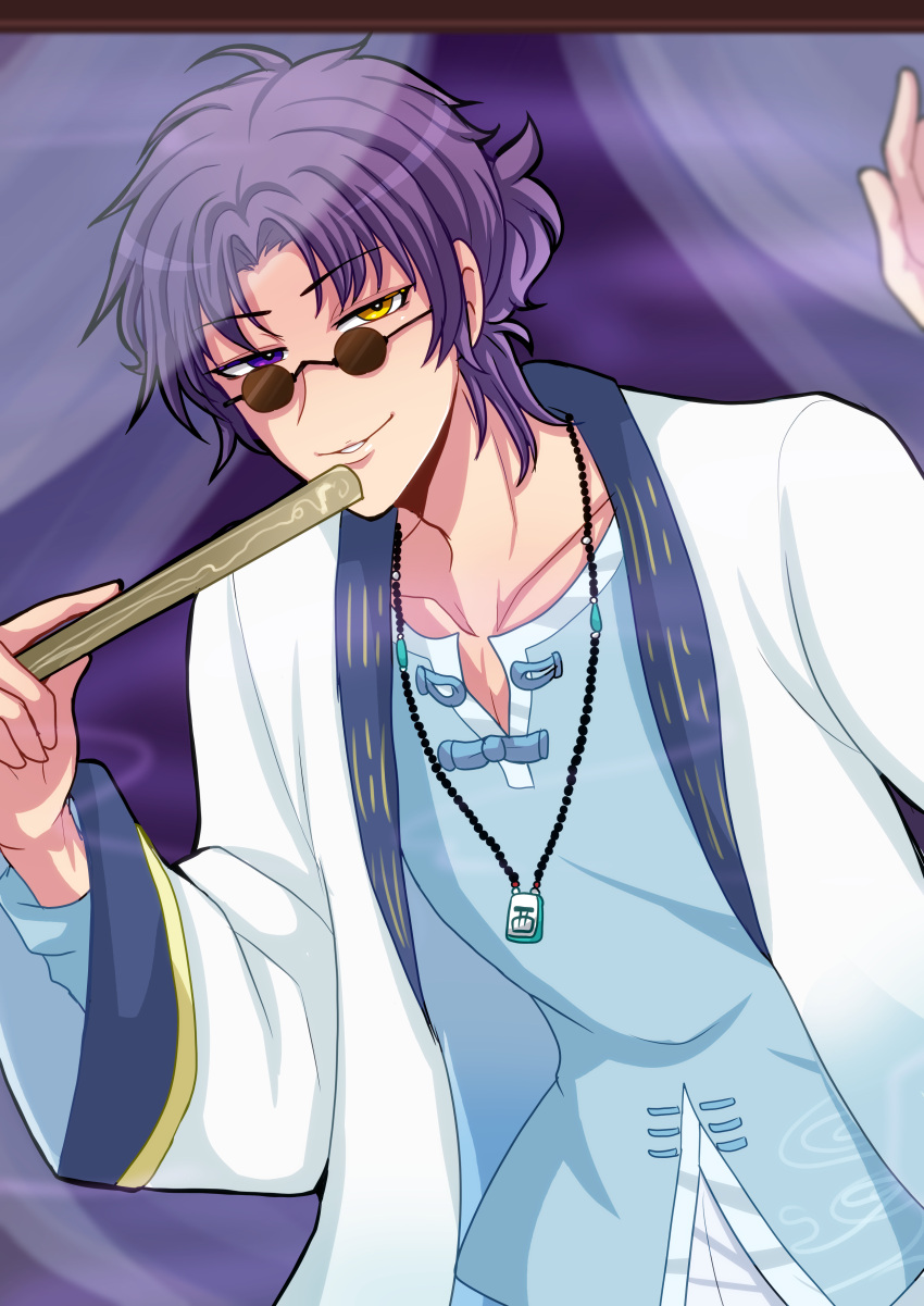 1boy, absurdres, bead_necklace, beads, blue_shirt, commentary_request, curtains, folding_fan