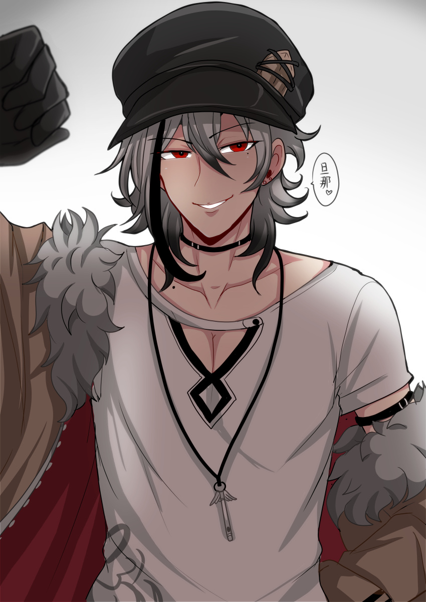 1boy, absurdres, black_choker, black_gloves, black_hat, cabbie_hat, choker, coat
