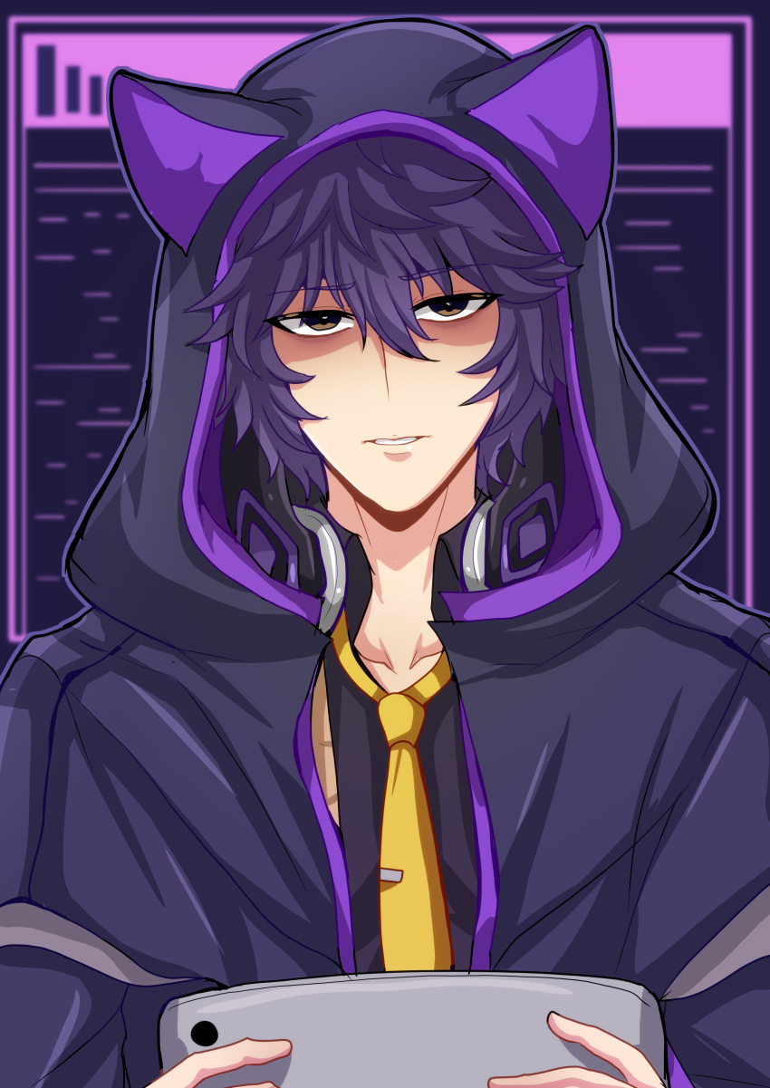 1boy, absurdres, black_hair, black_hoodie, black_shirt, brown_eyes, collared_shirt, commentary_request