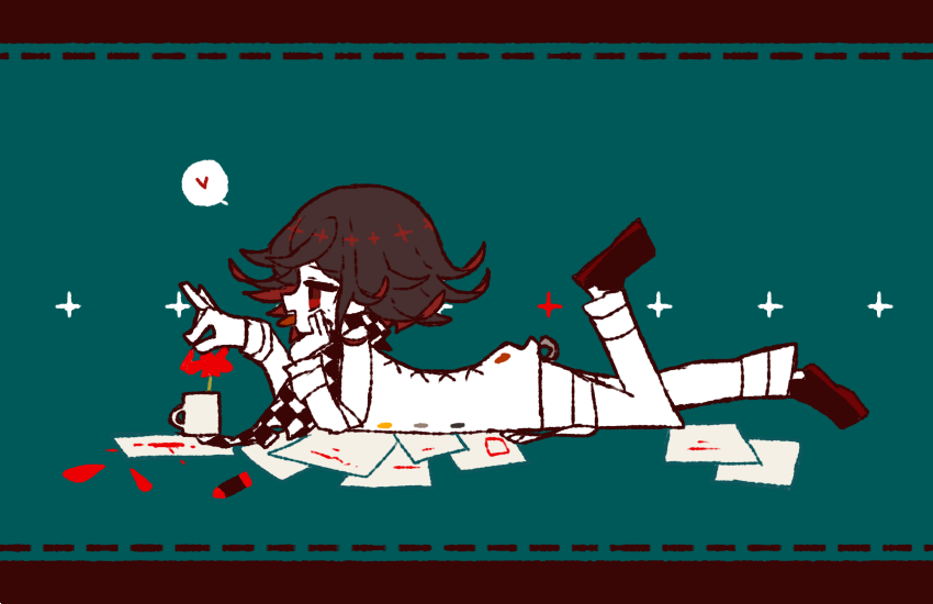 1boy, aqua_background, arm_belt, aru_choumiryou, belt, black_footwear, black_hair, black_scarf