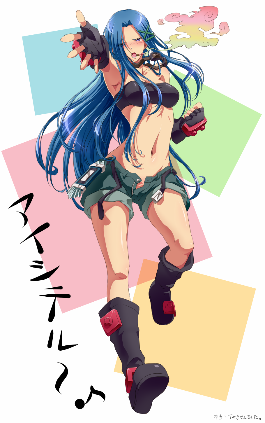 1girl, arai_nobu, bandeau, blue_hair, cigarette, fingerless_gloves, gloves, highres, kanna_bismarch, long_hair, midriff, open_fly, shaman_king, shorts, smoke, smoking, taut_shirt, translation_request, unbuttoned, unzipped