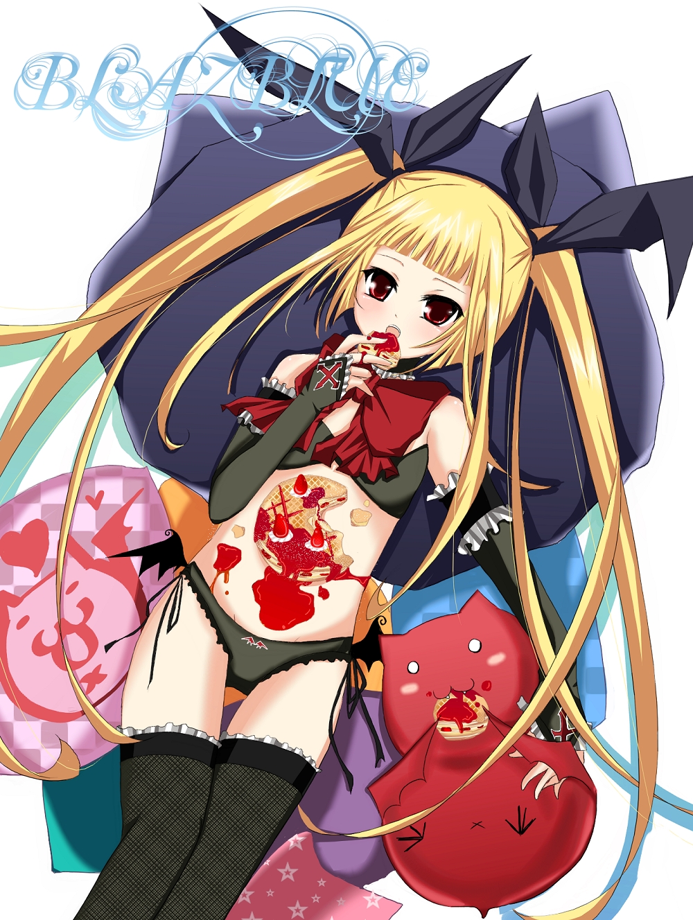 blazblue, blonde_hair, gii, pastry, pillow, rachel_alucard, red_eyes, ribbon, shii_(pixiv), twintails