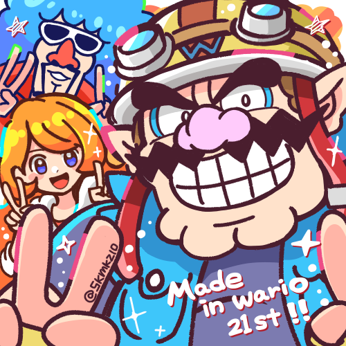 1girl, 2boys, anniversary, artist_name, blue_eyes, blue_shirt, cleft_chin, facial_hair