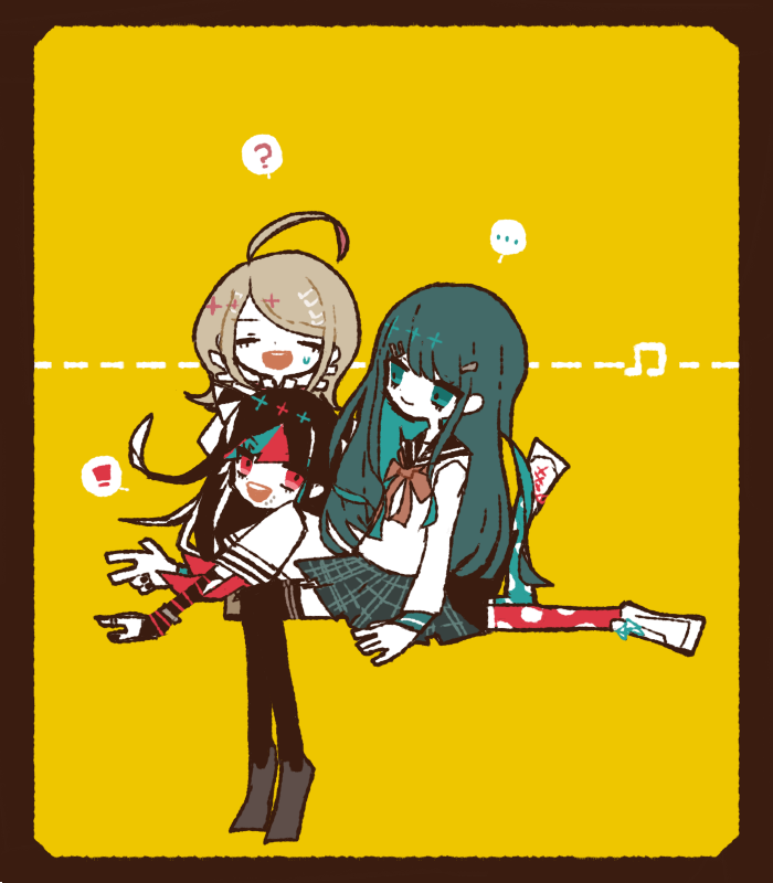 !, ..., 3girls, ?, ahoge, akamatsu_kaede, aqua_eyes, aqua_hair, aqua_theme, arm_warmers, aru_choumiryou, asymmetrical_footwear, asymmetrical_legwear, black_arm_warmers, black_border, black_hair, black_nails, black_sailor_collar, black_thighhighs, blonde_hair, blue_hair, blue_skirt, border, bow, bowtie, bracelet, brown_footwear, closed_mouth, collared_shirt, colored_inner_hair, commentary, cone_hair_bun, cross-laced_footwear, danganronpa:_trigger_happy_havoc, danganronpa_(series), danganronpa_2:_goodbye_despair, danganronpa_v3:_killing_harmony, dotted_line, double_bun, eyelashes, full_body, hair_bun, hair_ornament, hairclip, jewelry, lip_piercing, long_hair, long_sleeves, looking_at_another, looking_at_viewer, lying, maizono_sayaka, miniskirt, mioda_ibuki, mismatched_footwear, mismatched_legwear, multicolored_hair, multiple_girls, musical_note, musical_note_hair_ornament, nail_polish, on_stomach, open_mouth, piercing, pink_bow, pink_bowtie, pink_eyes, pink_hair, plaid, plaid_skirt, pleated_skirt, polka_dot_thighhighs, red_thighhighs, sailor_collar, school_uniform, serafuku, shirt, shoes, short_hair, sidelocks, simple_background, single_arm_warmer, sitting, skirt, smile, sneakers, spoken_exclamation_mark, spoken_question_mark, straight_hair, streaked_hair, striped_arm_warmers, sweatdrop, symbol-only_commentary, teeth, thigh-highs, trait_connection, upper_teeth_only, very_long_hair, white_footwear, white_hair, white_shirt, white_sleeves, yellow_background