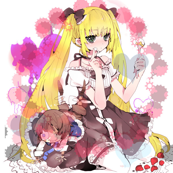blonde_hair, food, fork, fruit, green_eyes, ichi_(antonym), long_hair, marion_phauna