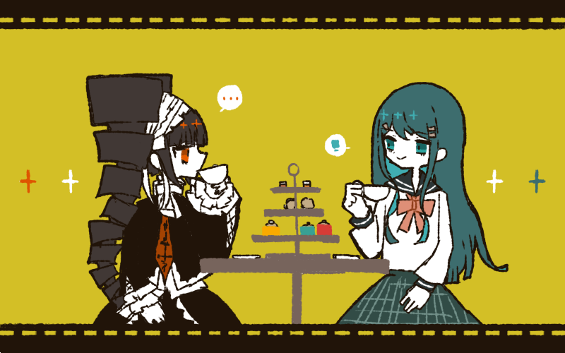!, ..., 2girls, aqua_eyes, aru_choumiryou, black_jacket, black_sailor_collar, black_skirt