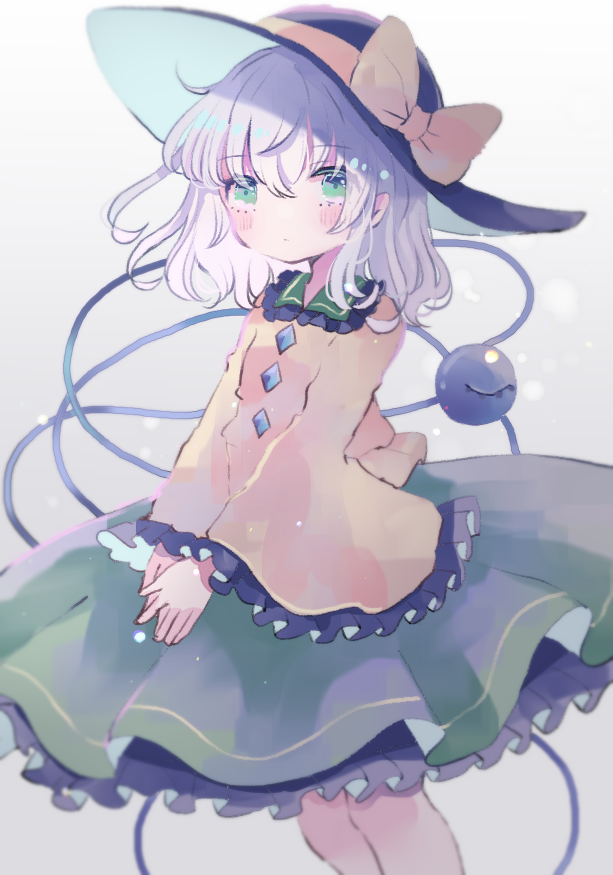 1girl, black_hat, blouse, bow, buttons, diamond_button, eyeball, frilled_shirt_collar, frilled_sleeves, frills, green_eyes, green_hair, green_skirt, hat, hat_bow, hat_ribbon, heart, heart_of_string, hiyuu_(hiyualice), komeiji_koishi, ribbon, shirt, skirt, solo, third_eye, touhou, white_background, wide_sleeves, yellow_bow, yellow_ribbon, yellow_shirt