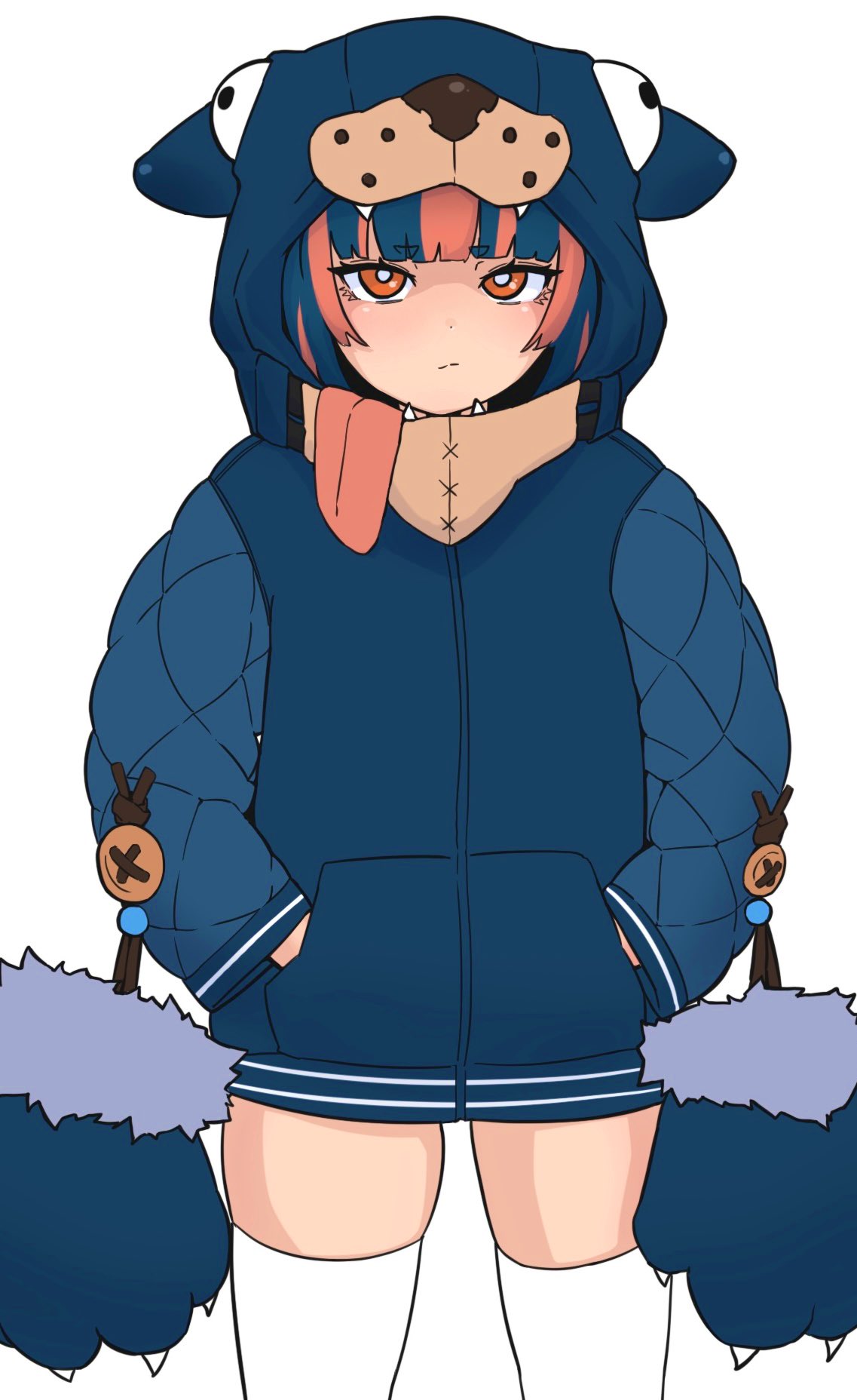 1girl, animal_hands, animal_hood, bear_hood, blue_hair, blue_jacket, closed_mouth, commentary, cowboy_shot, gloves, hands_in_pockets, highres, hood, hood_up, hooded_jacket, jacket, large_buttons, long_sleeves, looking_at_viewer, multicolored_hair, orange_eyes, orange_hair, original, paw_gloves, post_(shake_shakepost), solo, symbol-only_commentary, thigh-highs, two-tone_hair, white_background, white_thighhighs, zettai_ryouiki