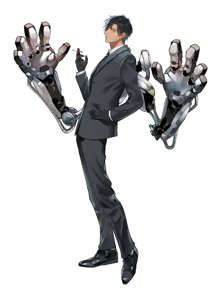 1boy, black_footwear, black_gloves, black_hair, black_pants, black_suit, cigarette, dairoku_ryouhei