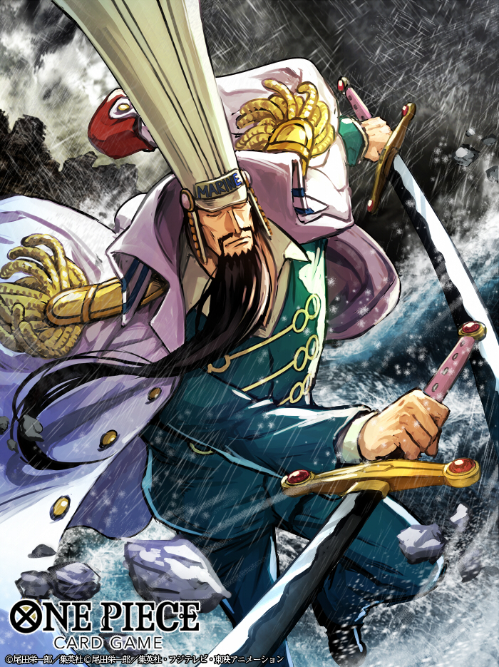1boy, aqua_suit, beard, closed_eyes, closed_mouth, coat, coat_on_shoulders, collared_coat, commentary_request, epaulettes, facial_hair, hat, holding, holding_sword, holding_weapon, long_beard, male_focus, multiple_swords, mustache, nijihayashi, official_art, one_piece, one_piece_card_game, pebble, rain, solo, strawberry_(one_piece), suit, sword, weapon, white_coat