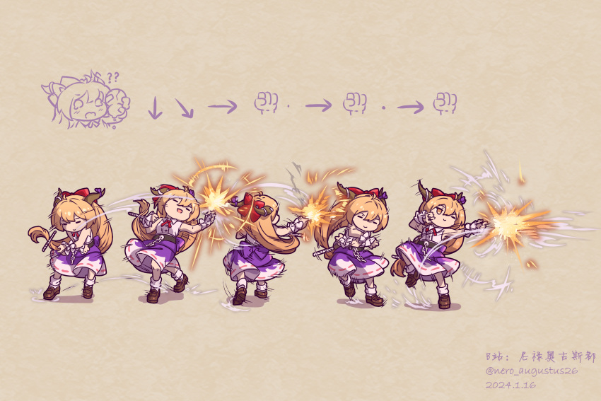 1girl, ?, absurdres, ahoge, artist_name, attack_trail, blonde_hair, blush