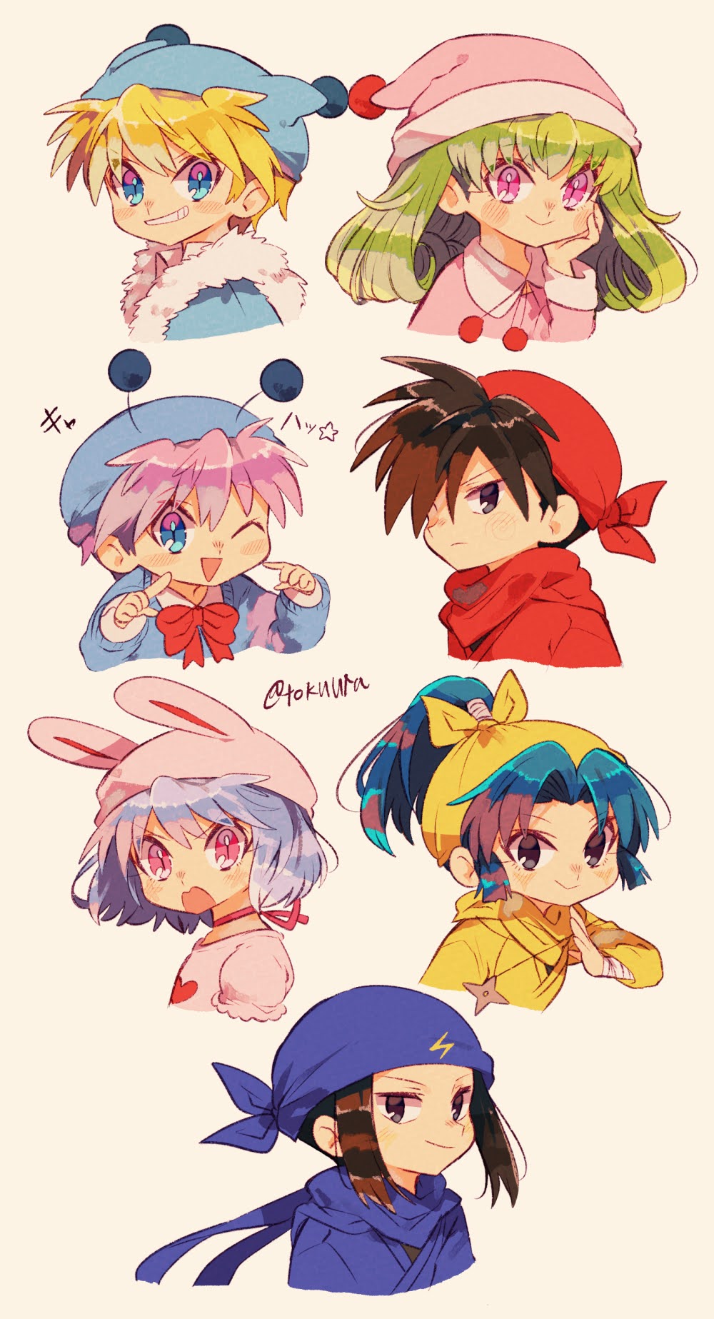 3girls, 4boys, ^_^, animal_hat, bandana, black_hair, blonde_hair, blue_bandana