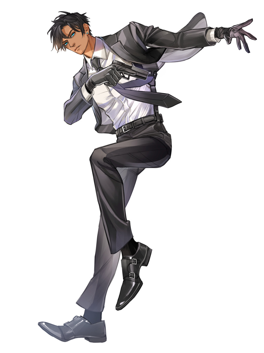 1boy, belt, black_footwear, black_gloves, black_necktie, black_pants, black_socks, black_suit