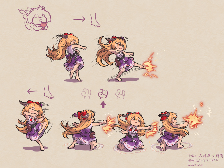 1girl, absurdres, artist_name, attack_trail, barefoot, blonde_hair, bow, chain