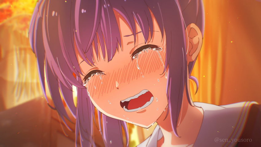 1girl, absurdres, blurry, blurry_background, blush, chromatic_aberration, close-up, closed_eyes