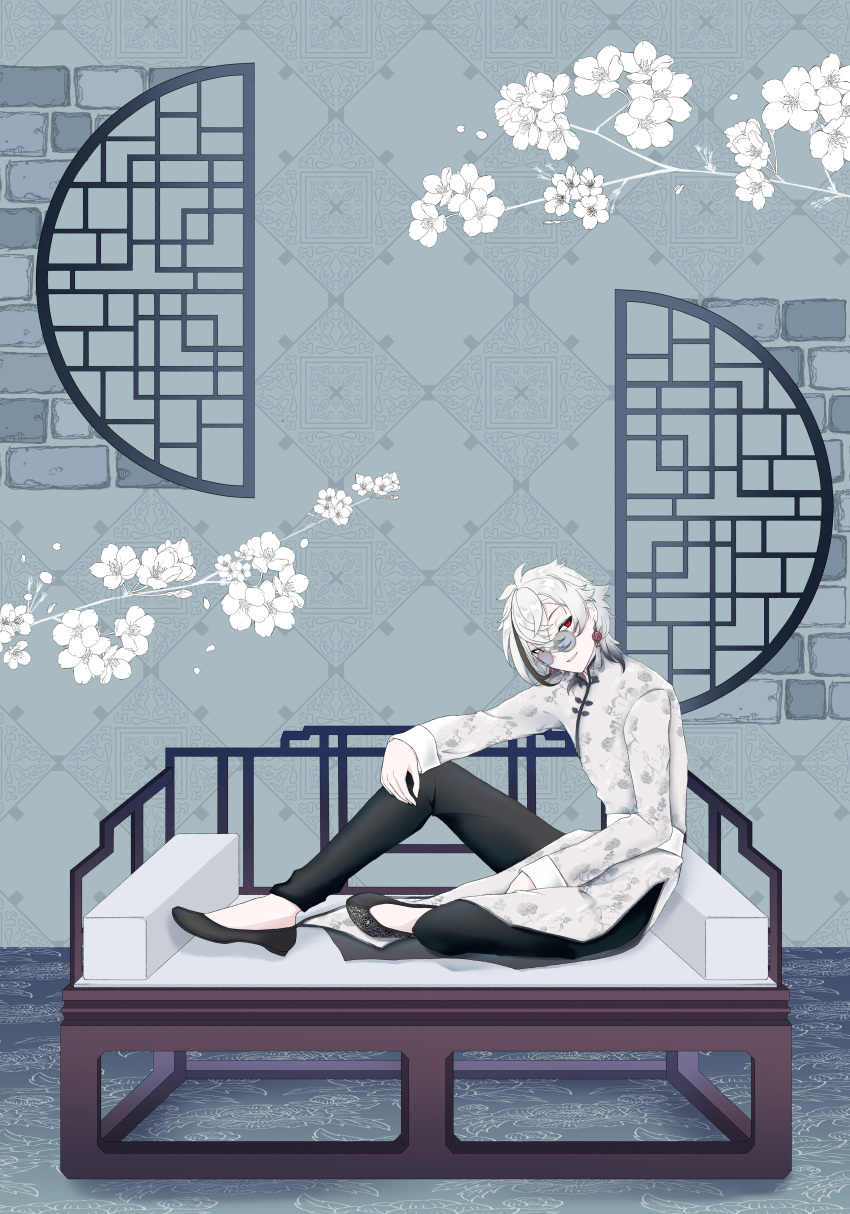 1boy, absurdres, black_footwear, black_pants, blue_background, branch, brick_wall, changpao, chinese_clothes, commentary_request, couch, flower, full_body, glasses, gradient_hair, grey_hair, grin, hair_between_eyes, head_tilt, highres, kiku_(sashiki11), kutsuji, lattice, long_bangs, long_sleeves, looking_at_viewer, mahjong_soul, male_focus, medium_hair, multicolored_hair, pants, red_eyes, round_eyewear, shirt, shoes, smile, solo, white_flower, white_shirt