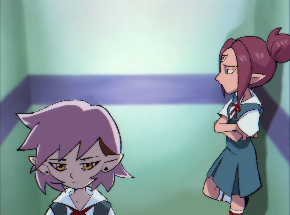 2girls, amity_blight, boscha_(the_owl_house), crossed_arms, elevator, hair_bun, kamilo52537497, multicolored_hair